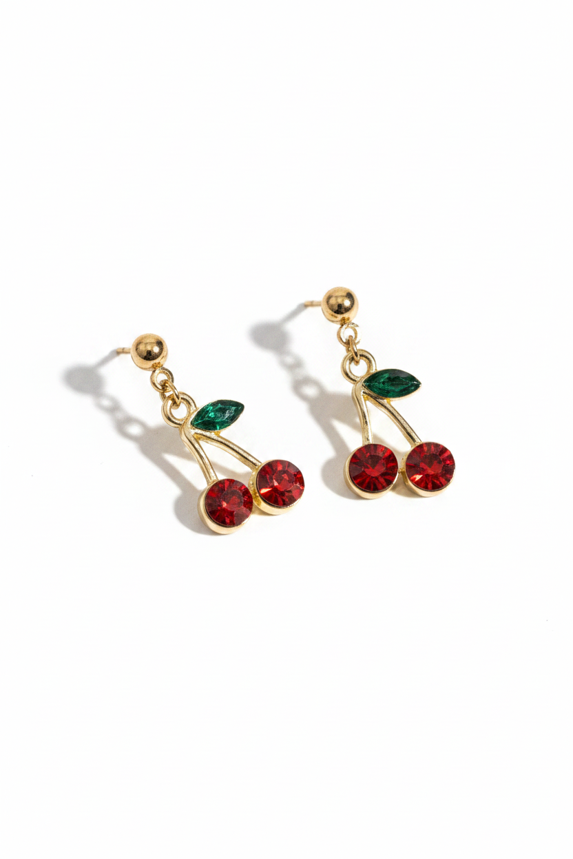 Cherry Stud Earrings Gold Tone Rhinestones Jewelry Girls Women Piercings Fairy