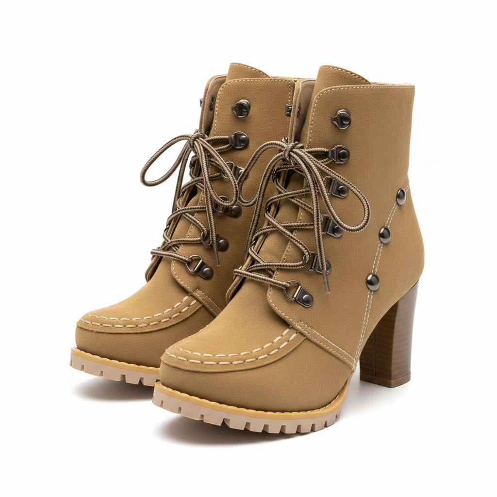 Brown Women's High Ankle Boots Wedge Heel Round Toe Rivet Stud Lace Up Size 37