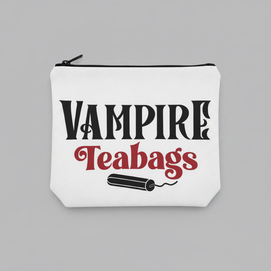Pink pouch with 'Vampire Teabags' text on a wooden surface