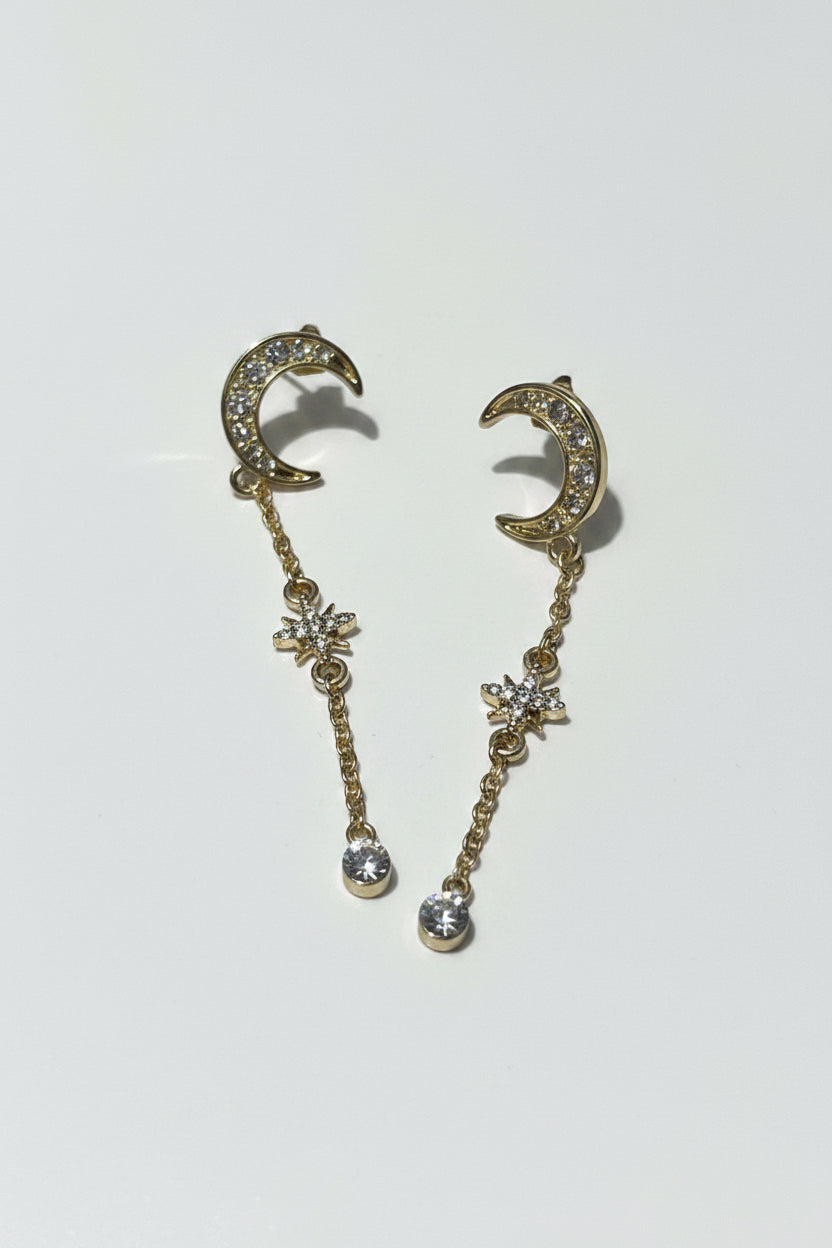 Crescent Moon & Stars Dangling Drop Earrings Crystal Rhinestones Gold Tone