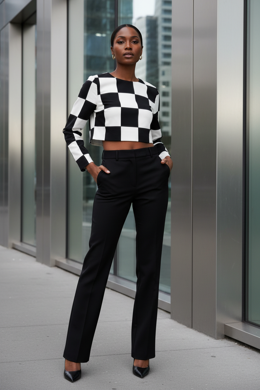 Checkered Zara Long Sleeve Crop Top