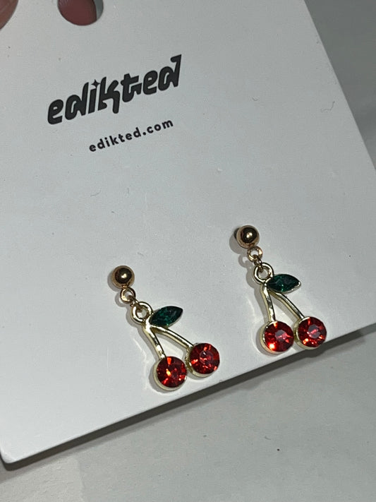 Cherry Stud Earrings Gold Tone Rhinestones Jewelry Girls Women Piercings Fairy