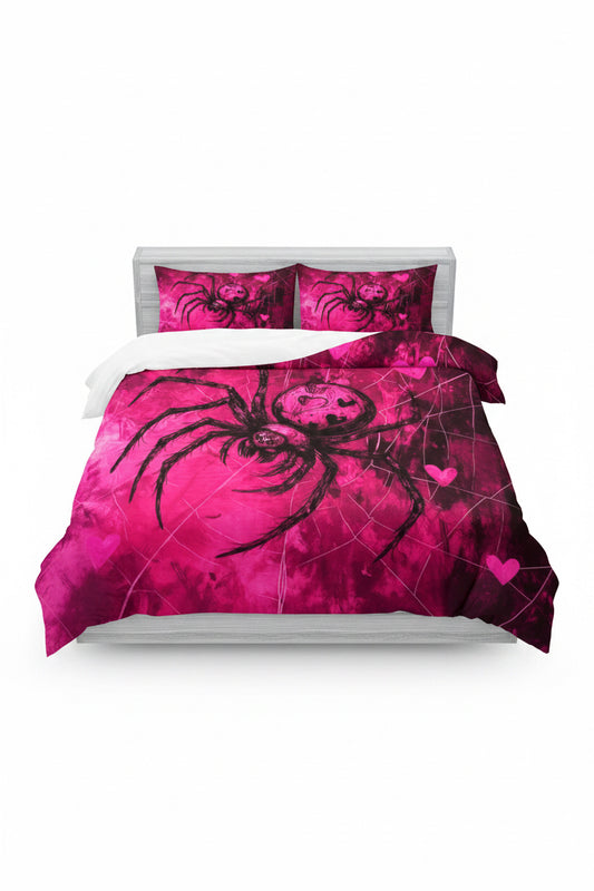 Duvet set 3pcs Queen Size Pink Black Widow Spider Theme Lovers Dark & Spooky