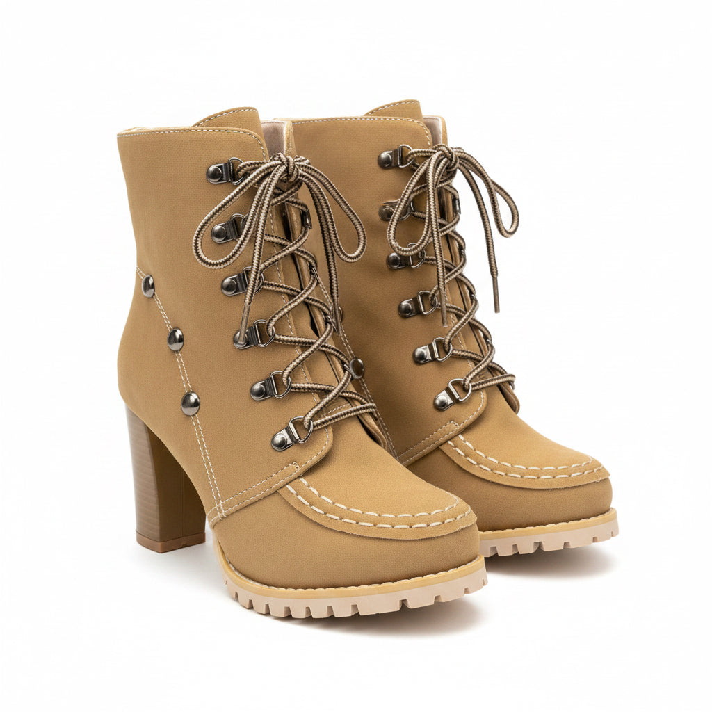 Brown Women's High Ankle Boots Wedge Heel Round Toe Rivet Stud Lace Up Size 37