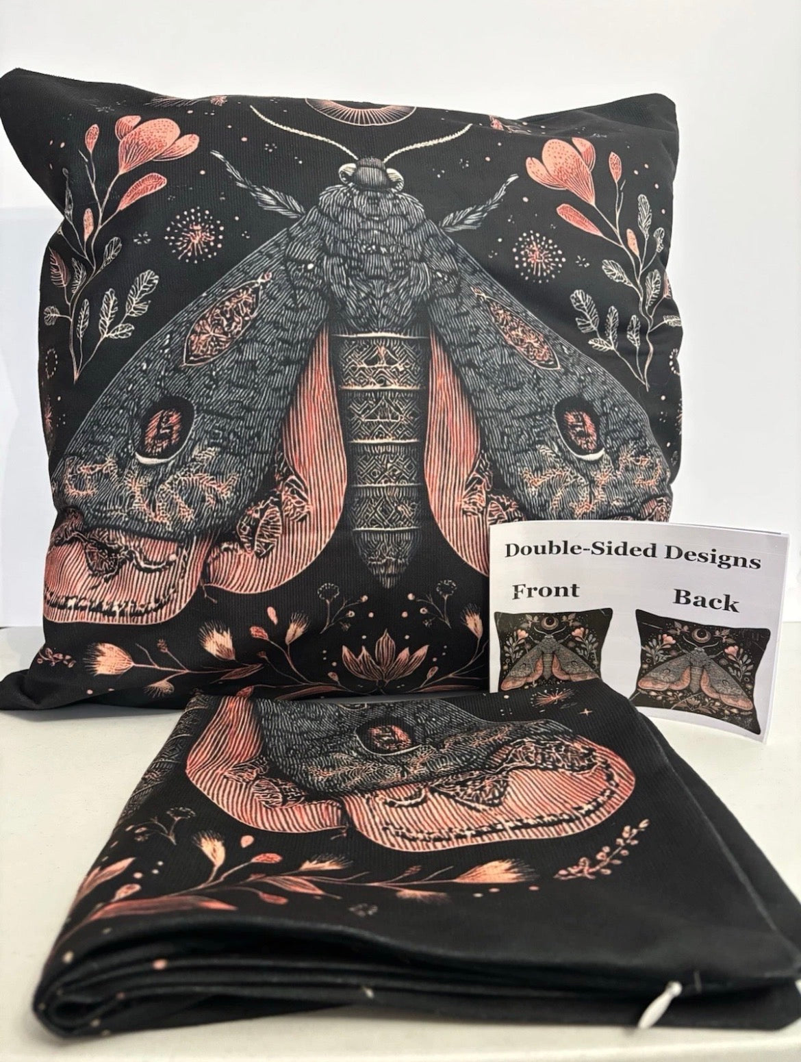 2x Throw pillow covers 18x18 Moth Pink & Black Nature Home Decor Whimsy Bug Life
