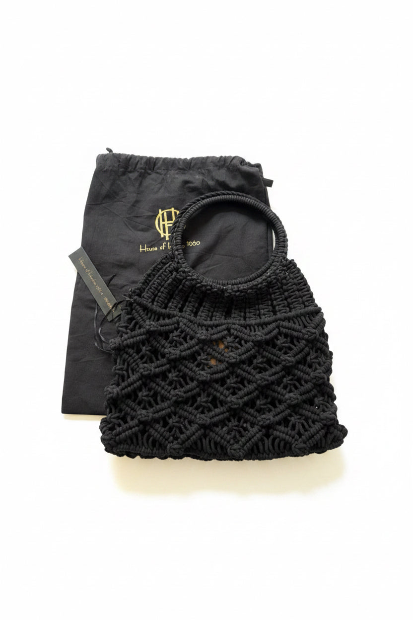 House of Harlow 1960 Black Knotted Macramé Circle-Handle Tote Luxurious High end