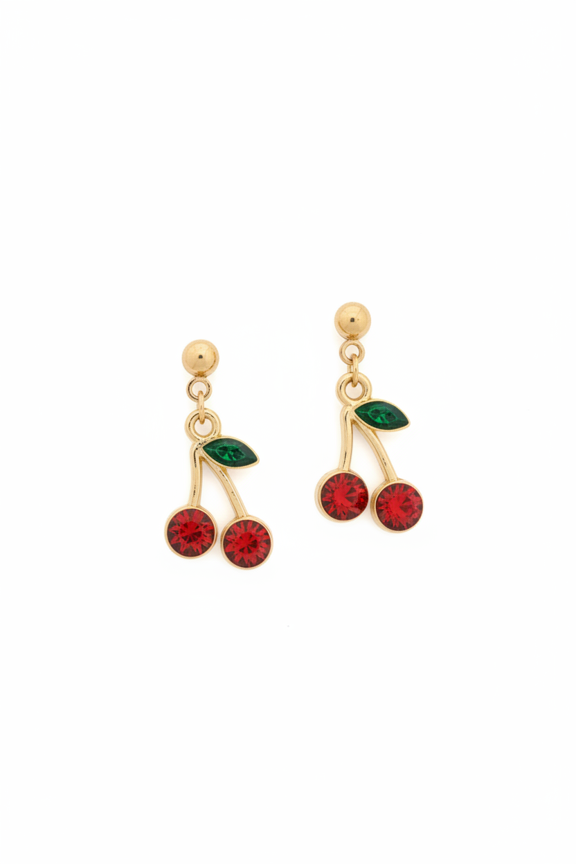 Cherry Stud Earrings Gold Tone Rhinestones Jewelry Girls Women Piercings Fairy