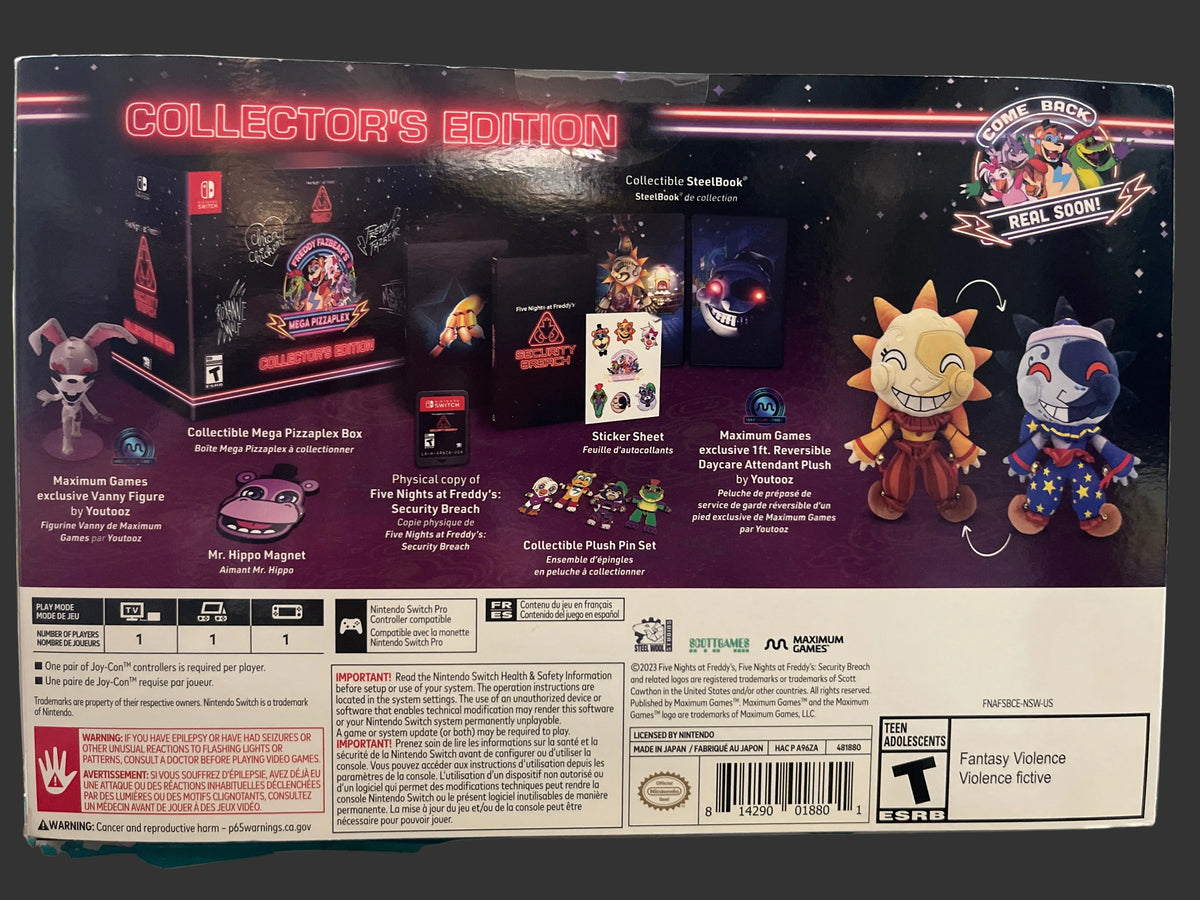 Back of a Nintendo Switch Collector's Edition Steambank bundle box, showing product contents, logos, and warning labels on a white background.