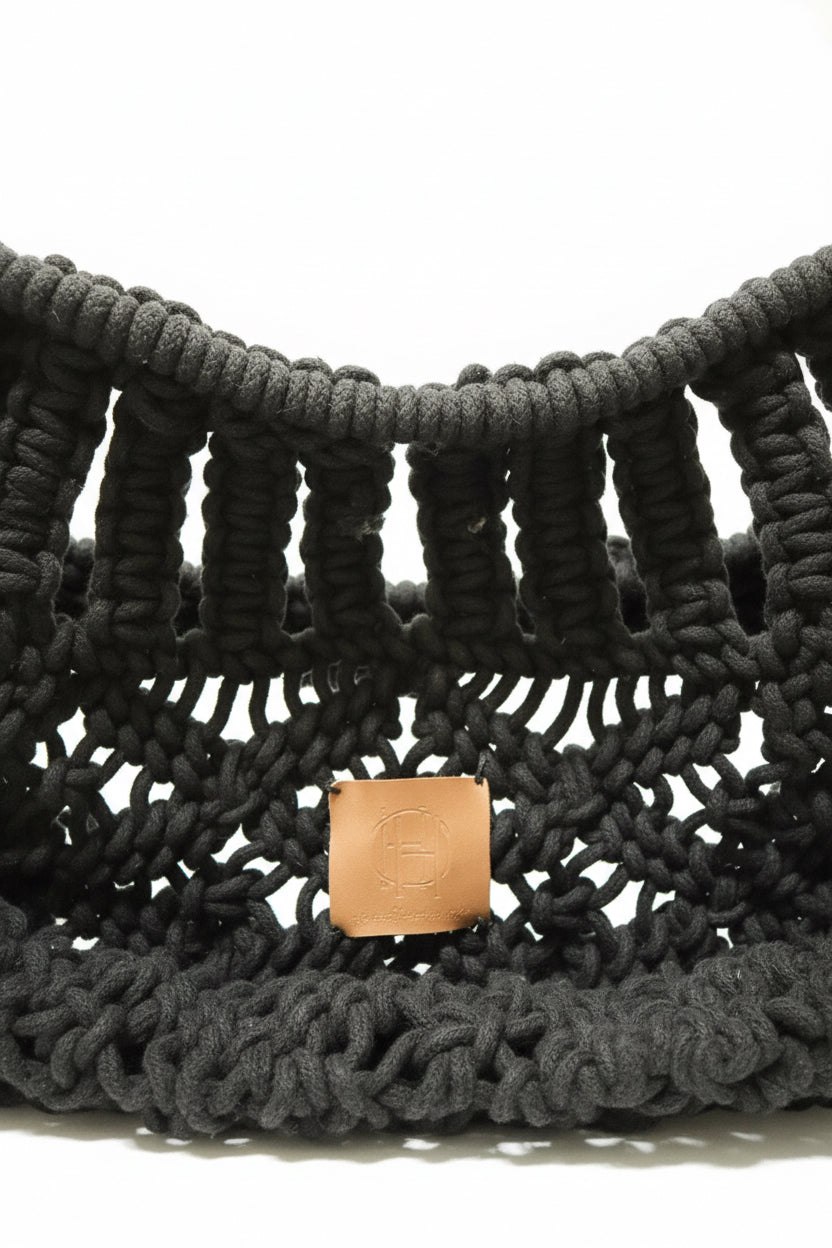 House of Harlow 1960 Black Knotted Macramé Circle-Handle Tote Luxurious High end