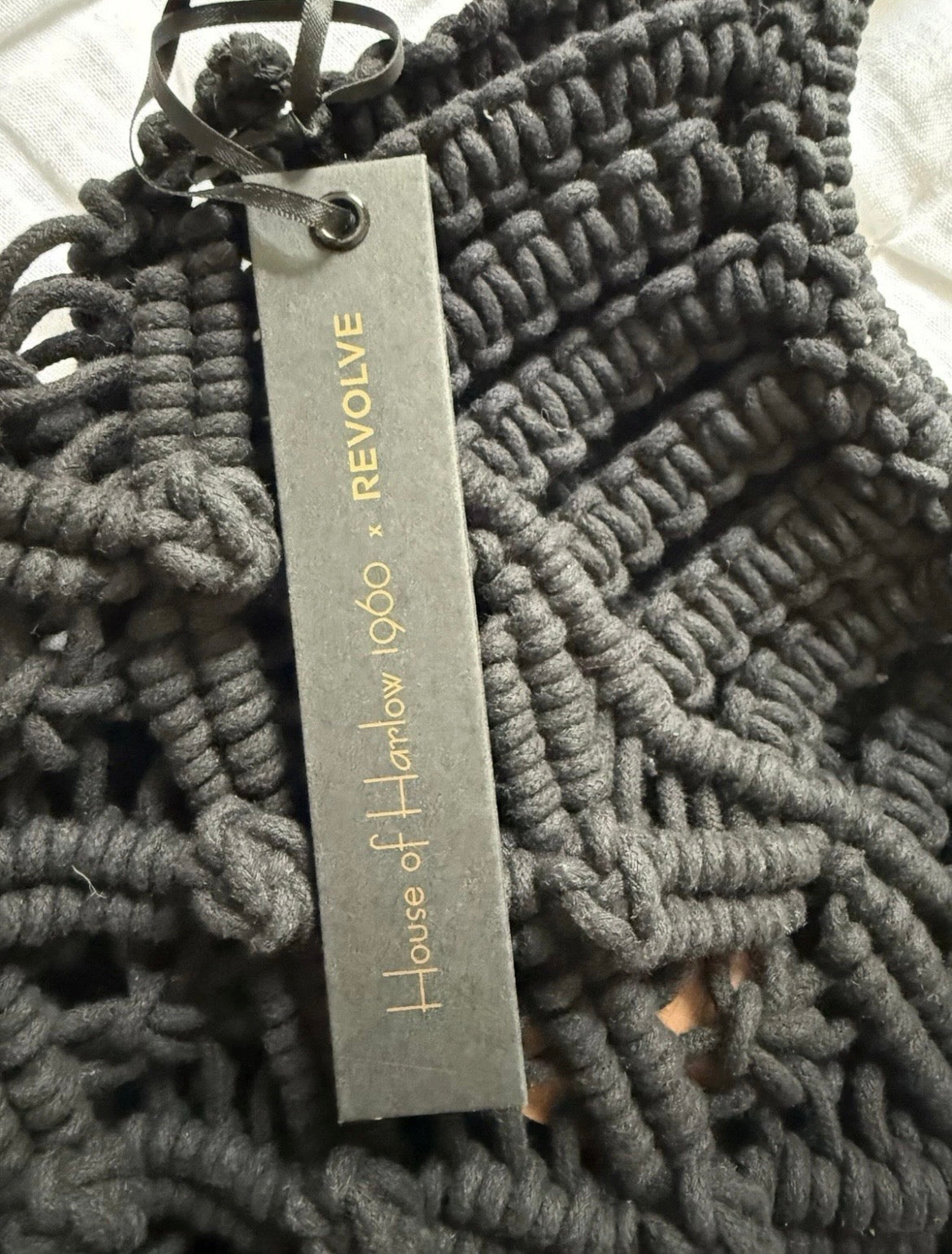 House of Harlow 1960 Black Knotted Macramé Circle-Handle Tote Luxurious High end