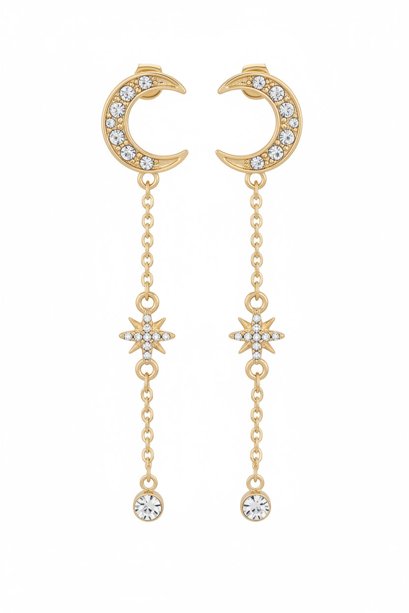 Crescent Moon & Stars Dangling Drop Earrings Crystal Rhinestones Gold Tone