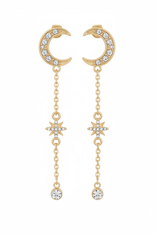 Crescent Moon & Stars Dangling Drop Earrings Crystal Rhinestones Gold Tone