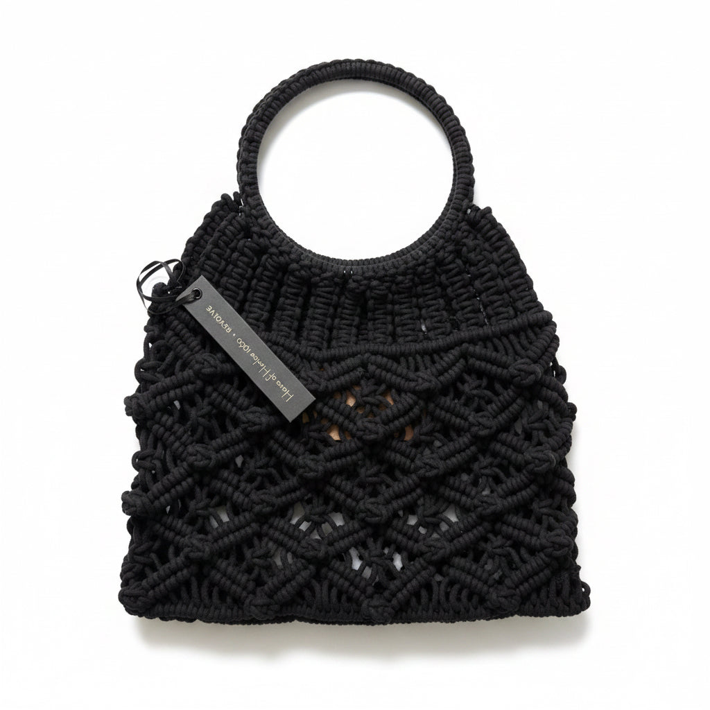House of Harlow 1960 Black Knotted Macramé Circle-Handle Tote Luxurious High end