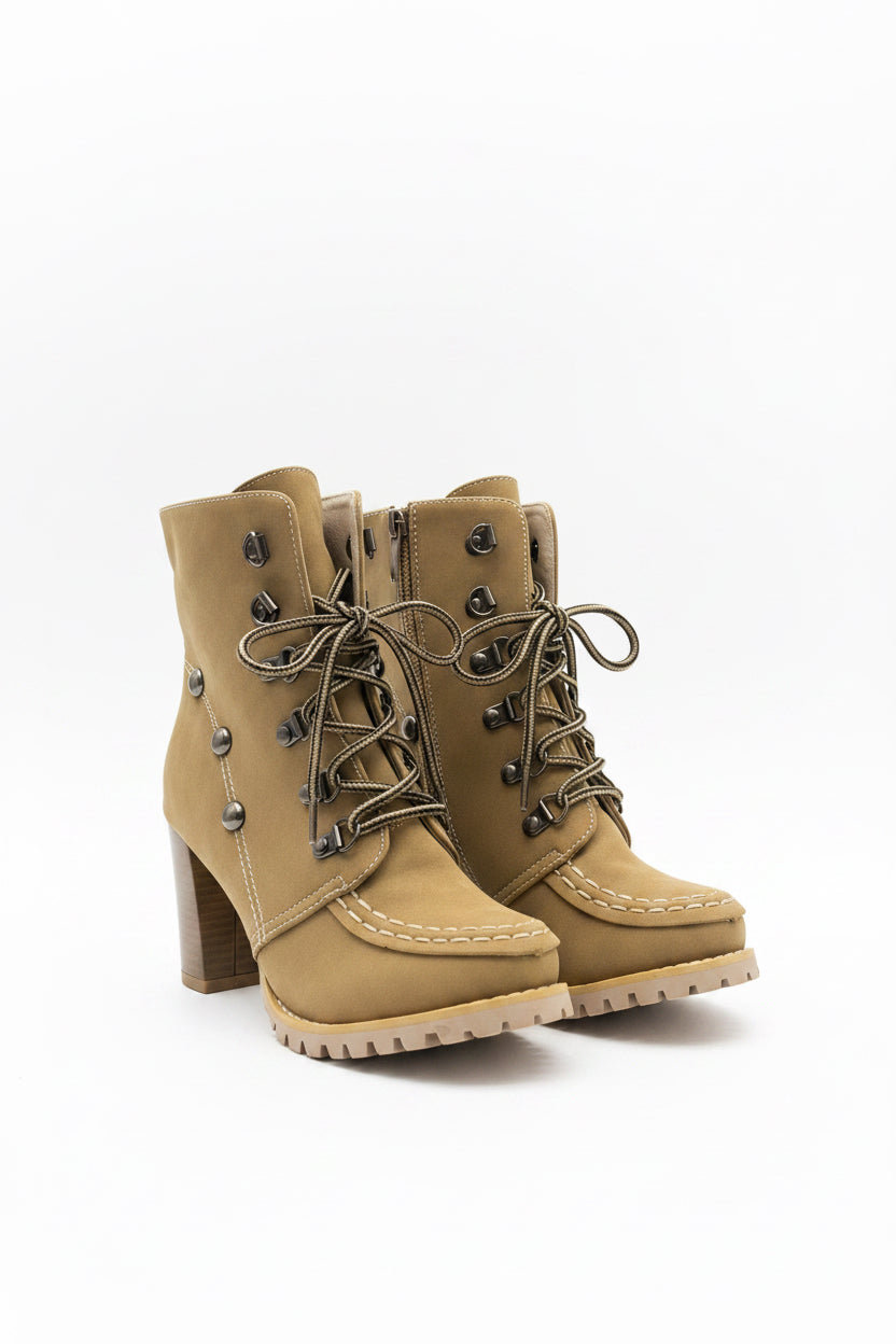 Brown Women's High Ankle Boots Wedge Heel Round Toe Rivet Stud Lace Up Size 37