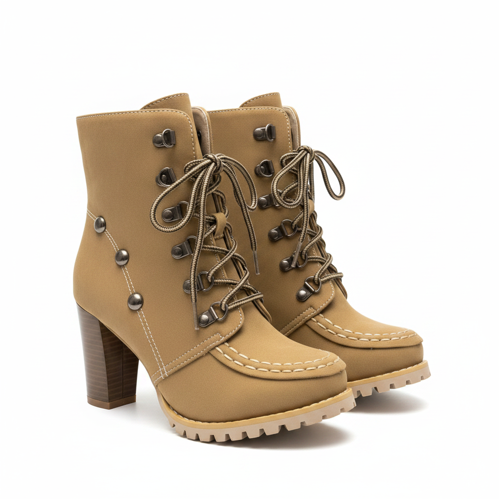 Brown Women's High Ankle Boots Wedge Heel Round Toe Rivet Stud Lace Up Size 37