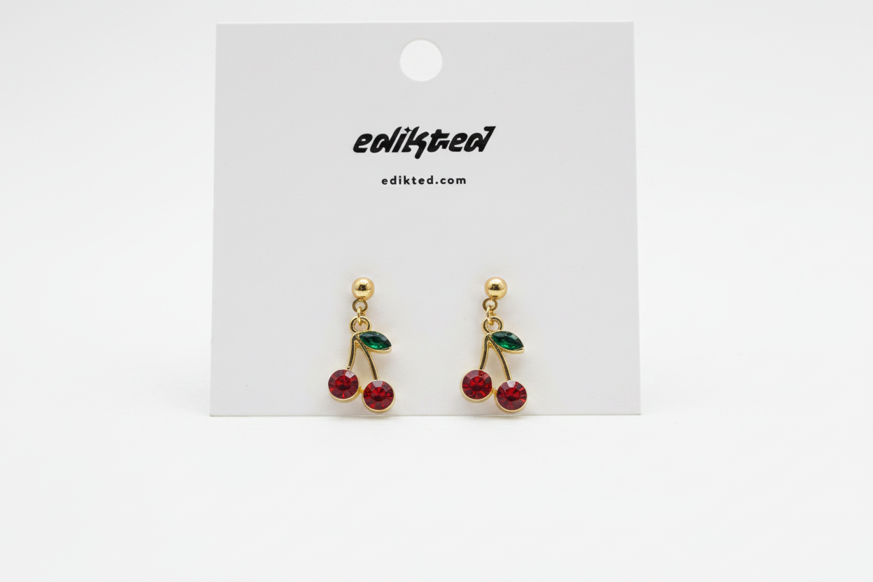 Cherry Stud Earrings Gold Tone Rhinestones Jewelry Girls Women Piercings Fairy