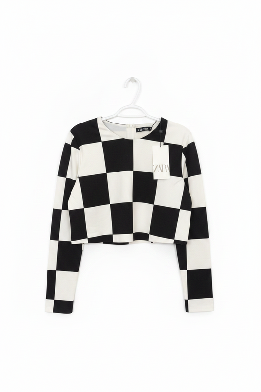 Checkered Zara Long Sleeve Crop Top