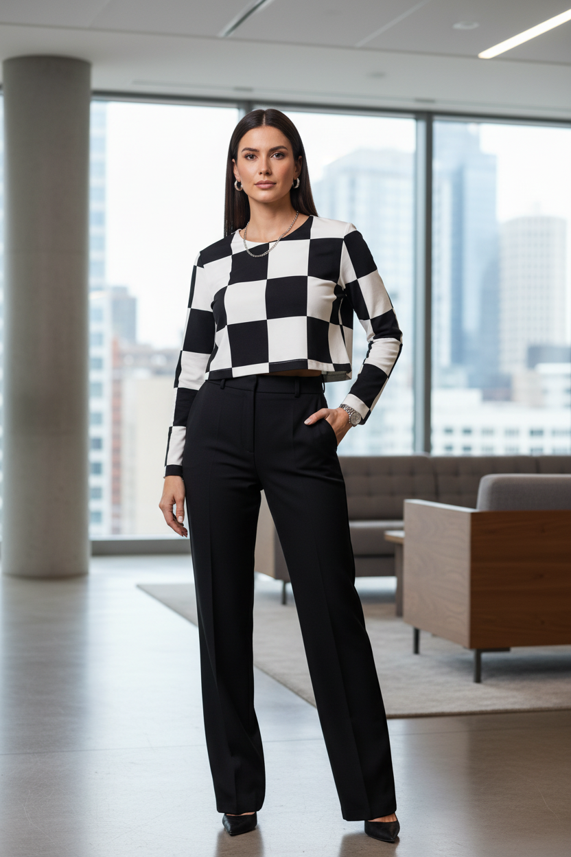Checkered Zara Long Sleeve Crop Top
