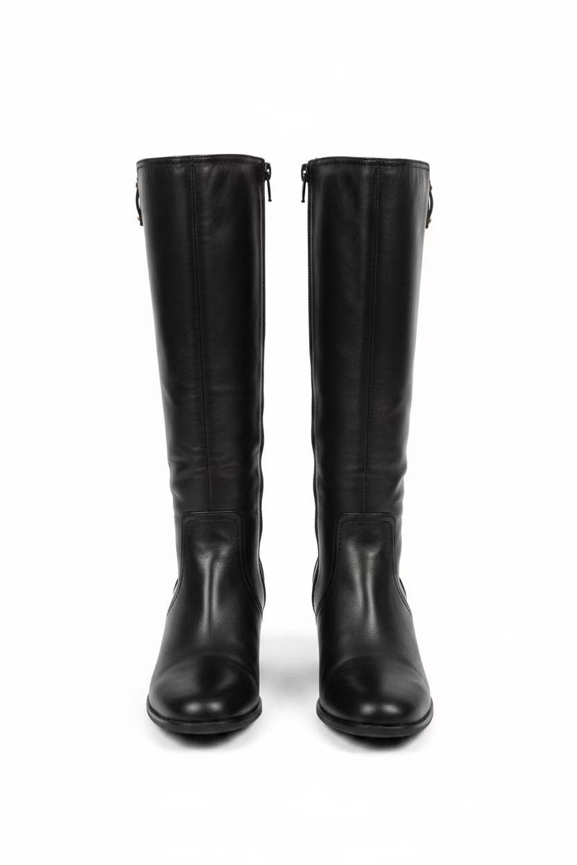 A pair of black knee-high leather boots with low block heels, held up by a hand over a cardboard shoebox in a home setting.