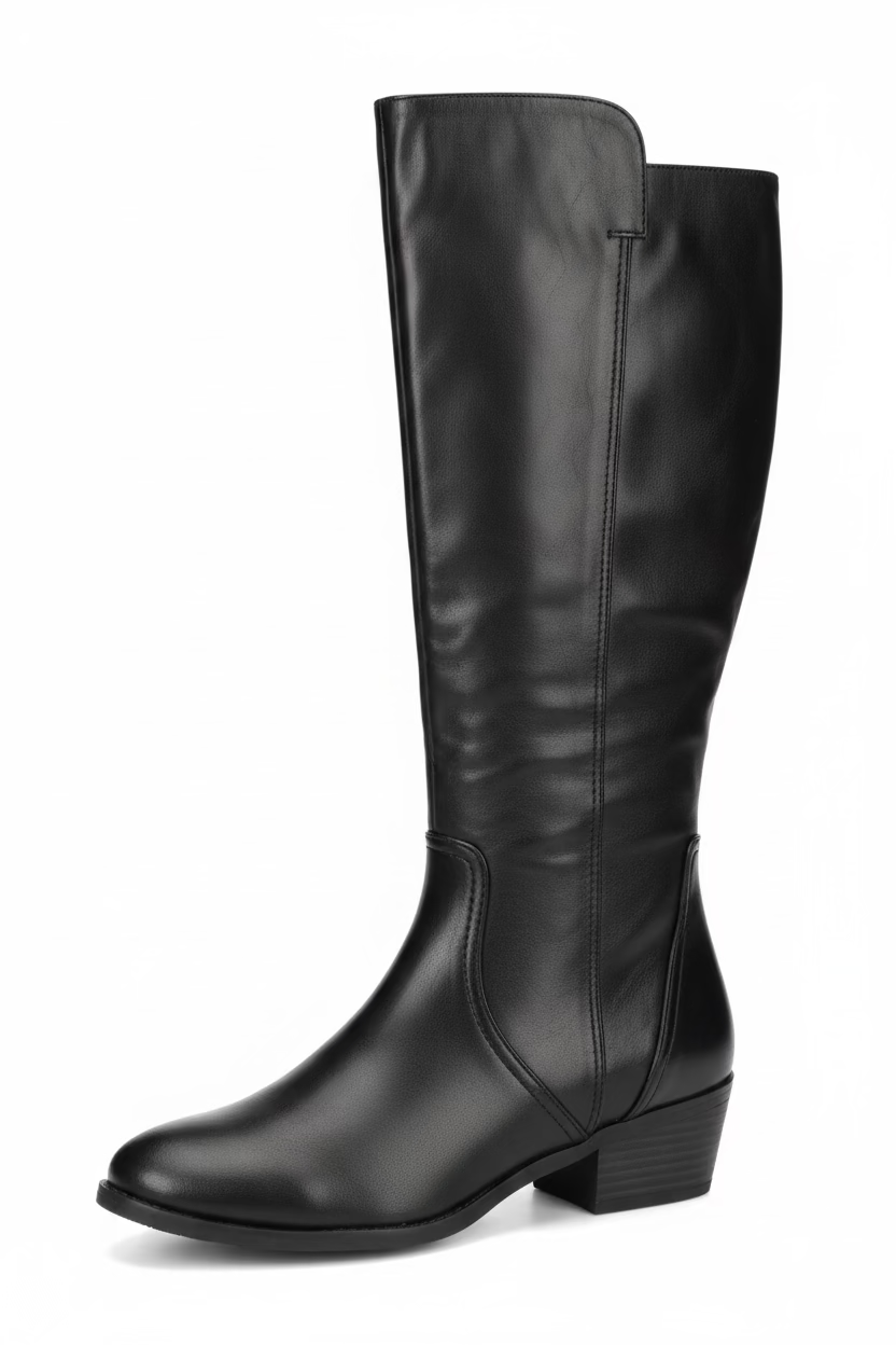 A close-up of a black leather knee-high boot being held by a hand, showing the side seam and low block heel, with another boot and a gray cloth in the background.